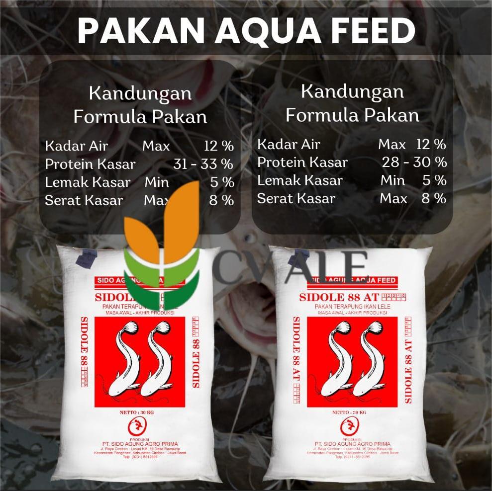 Brosur spesifikasi kandungan nutrisi protein dan lemak pada Pakan Aqua Feed untuk pertumbuhan ikan Lele.