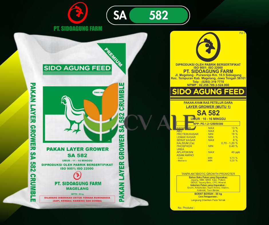 Kemasan karung pakan ayam pedaging broiler tipe SA 582 pakan berkualitas tinggi.